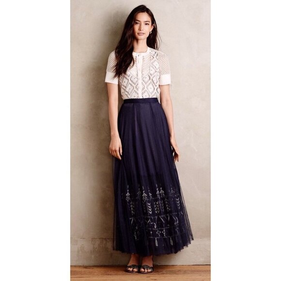 NEW! Anthropologie Floreat Embroidered Tulle Maxi Skirt Navy Blue SZ 4P - Picture 1 of 10